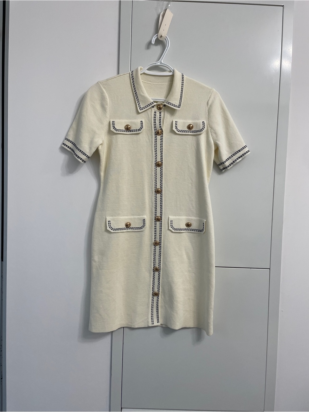 Cream Knit Dress with Navy Contrast Trim | Classic Preppy Vintage Style